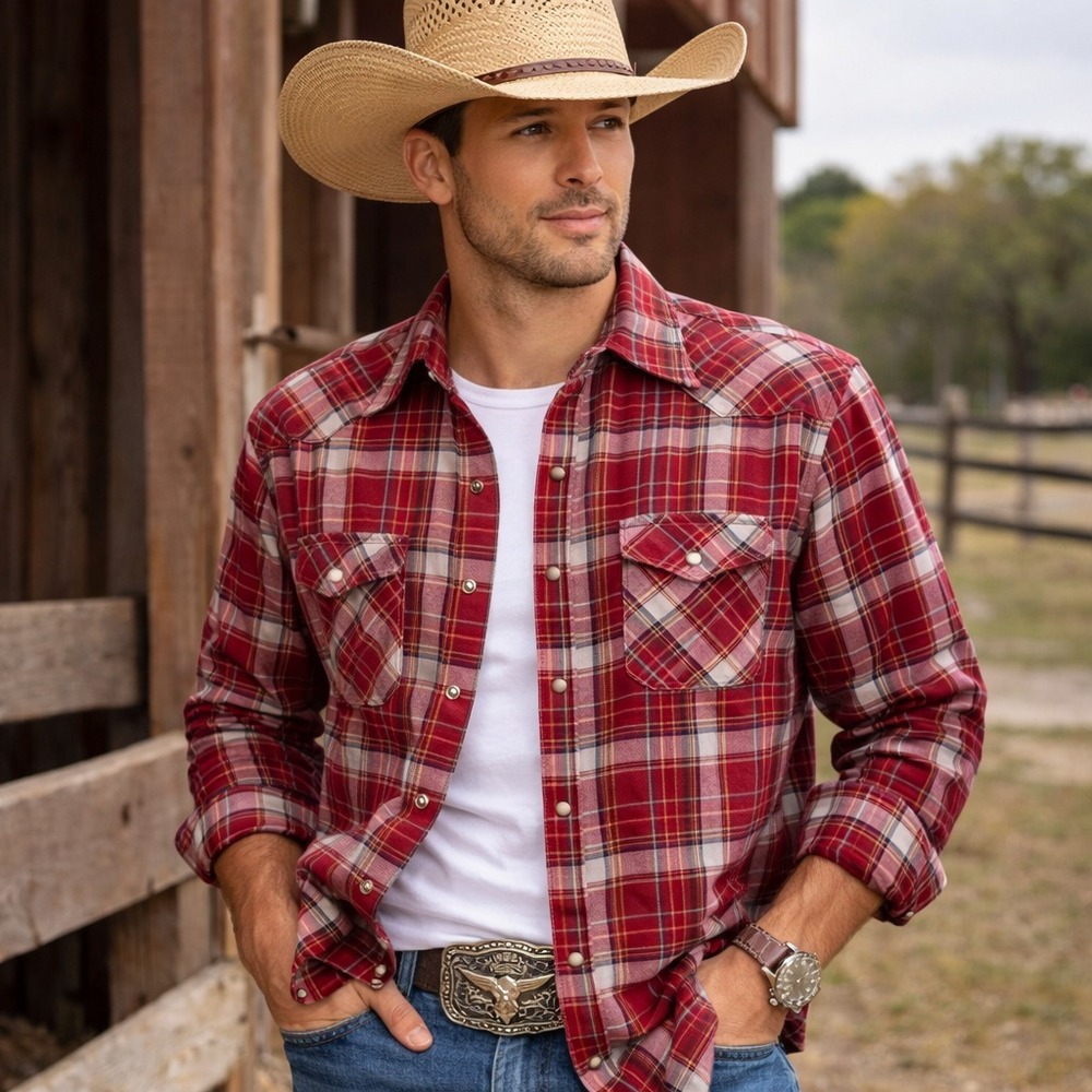 Wrangler Wrancher Western Shirt Men's XL Red Plaid Snap Cowboy Ranch